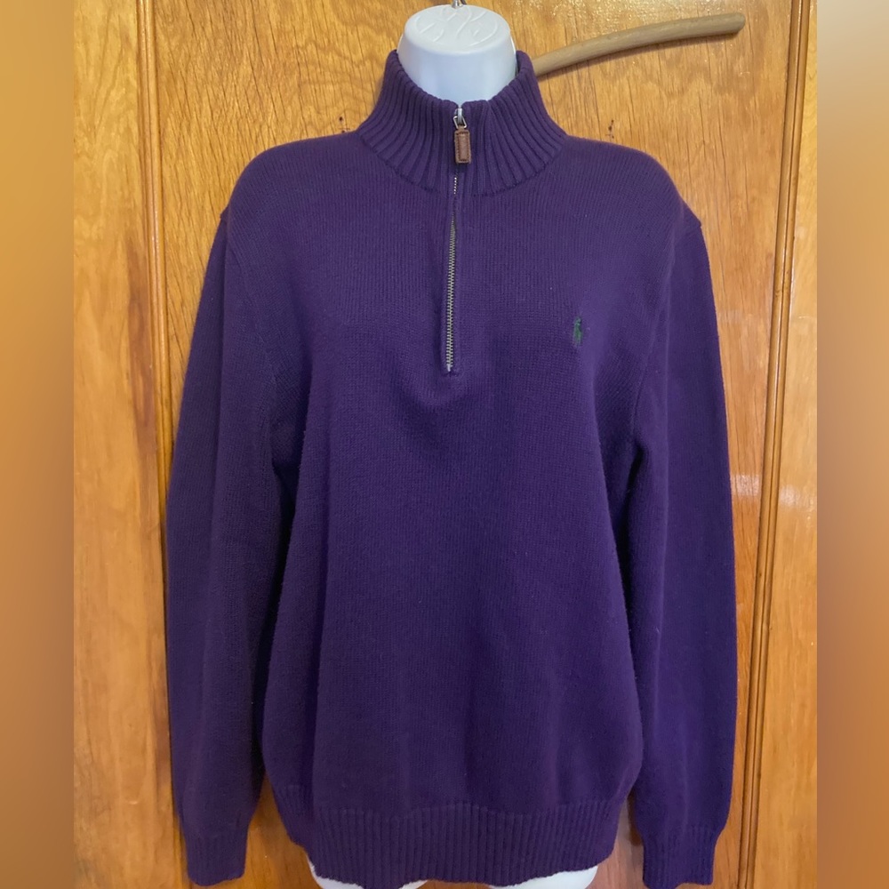 Polo Ralph Lauren pull over sweater Med Royal purple 100% cotton collar& zip